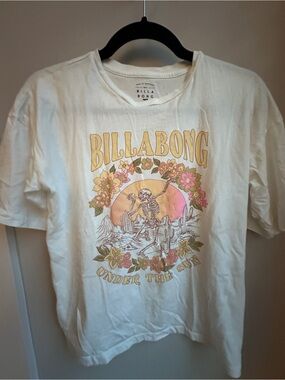 Billabong White Graphic Tee with Sunset Skeleton and Floral Design